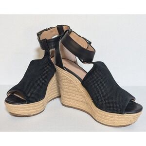Mark Fisher Women's ML Alison Sandals Size 6.5M Black Peep Toe Woven Wedge Heel